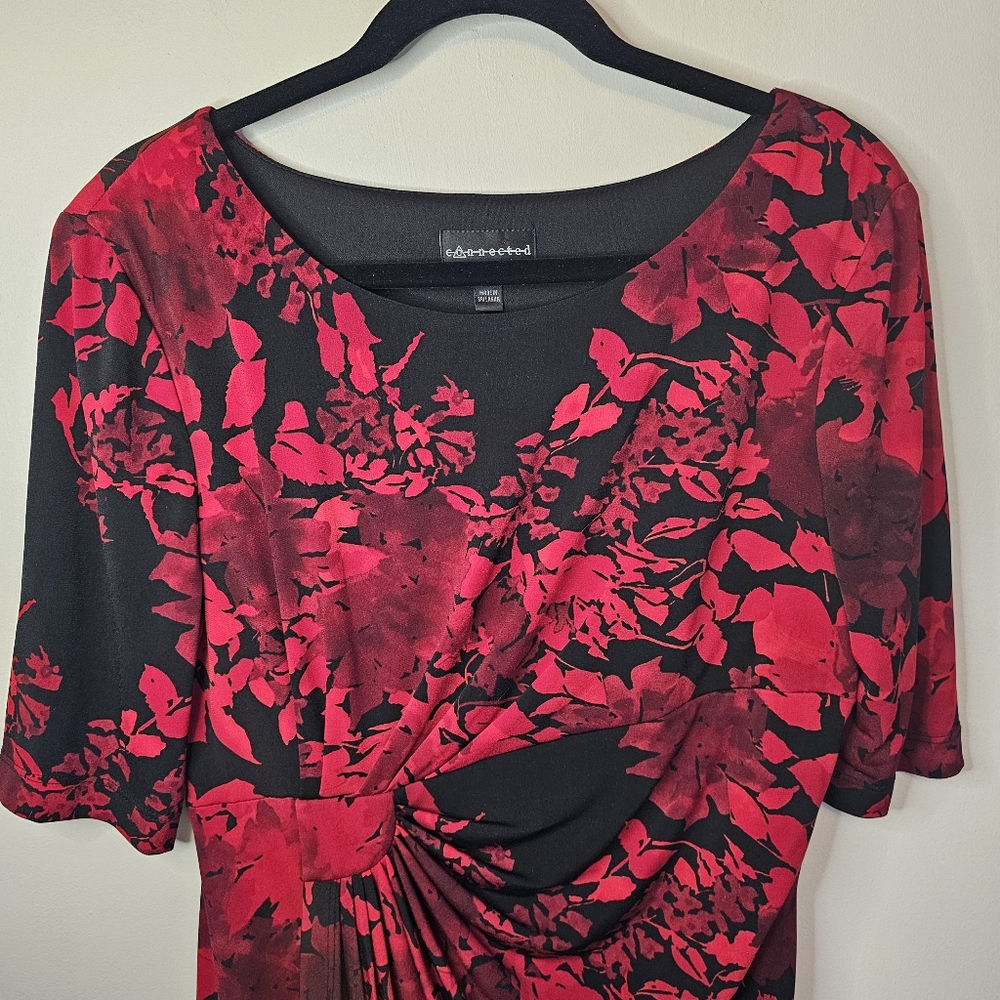 Connected Apparel Red Floral Faux Wrap Midi Dress Size 12 - Picture 3 of 11